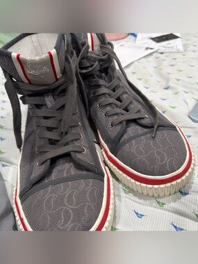 Christian Louboutin Gray High-Top Sneakers with Red Trim